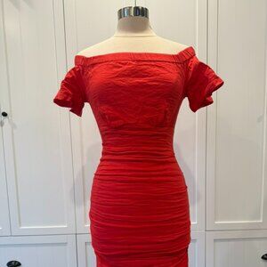 Nicole Miller Artelier Red Ruched Off-Shoulder Midi Dress Size 4